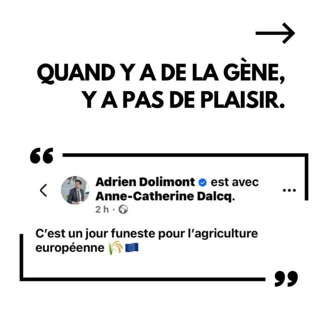 Quand y a de la gêne, y a pas de plaisir ! 🤯
A la lecture du post du Ministre-Président MR sur l’adoption du Mercosur, soit on rit soit on pleure. Le MR est le grand défenseur du libre échange, il ne s’est jamais opposé à aucun traité commercial, là, au sein du Gouvernement fédéral, il aurait pu mais il n’a rien fait. Aujourd’hui, il dit regretter ! Il faut oser ! 
Le MR retourne tellement sa veste dans ce dossier qu’elle craque de tous les côtés !